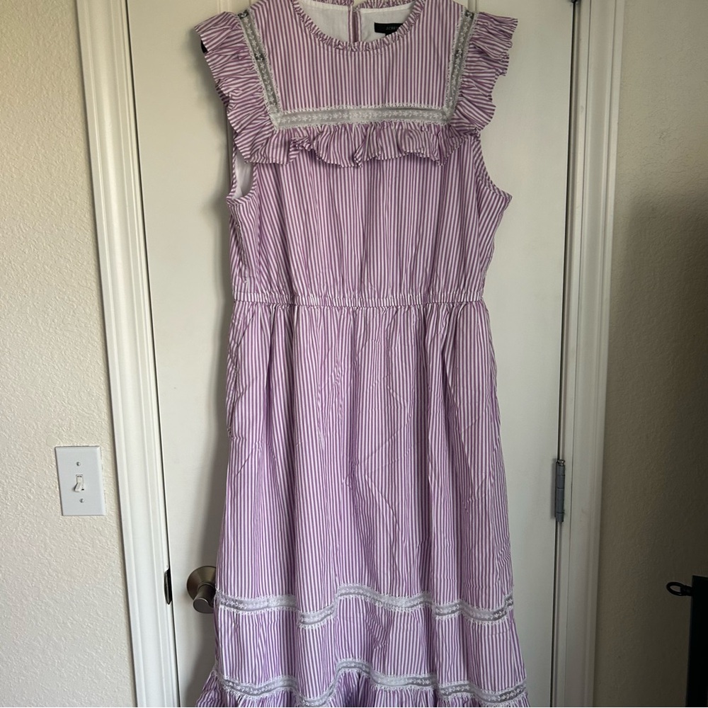 J. Crew Tiered Ruffle Dress Stripe Purple White Size Lined Midi Women’s Medium